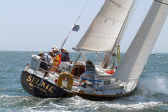 Sheila McCurdy's family boat Selkie powers upwind at the start of the 2008 Newport Bermuda Races. Selkie will see her 10th Newport Bermuda Race in 2012. McCurdy has been aboard on all the races, 3 as navigator for her father Jim McCurdy, the boat's designer and 6 as both skipper and navigator. In 2008 Selkie finishes 2nd in class and 2nd in the St. David's Lighthouse Division. 
Credit Talbot Wilson